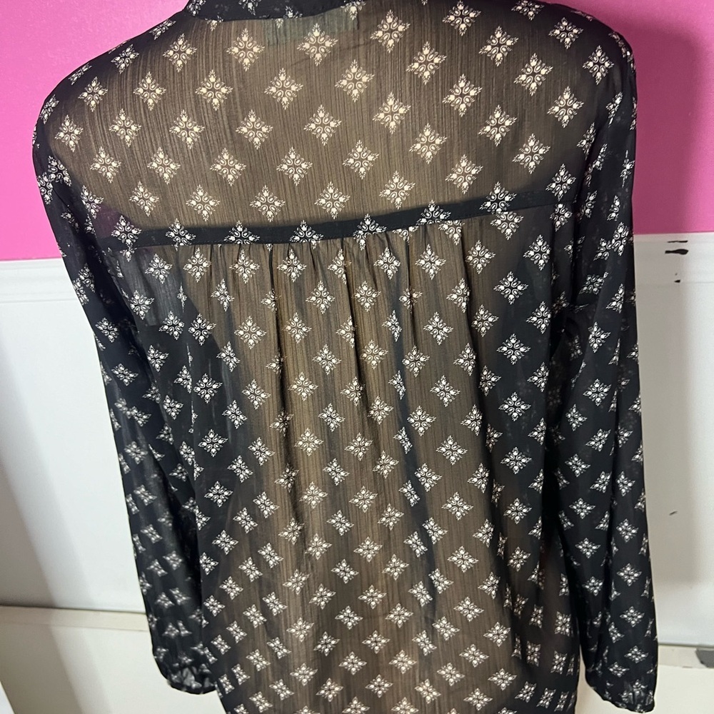 Black Sheer Blouse with White Pattern - Picture 4 of 6